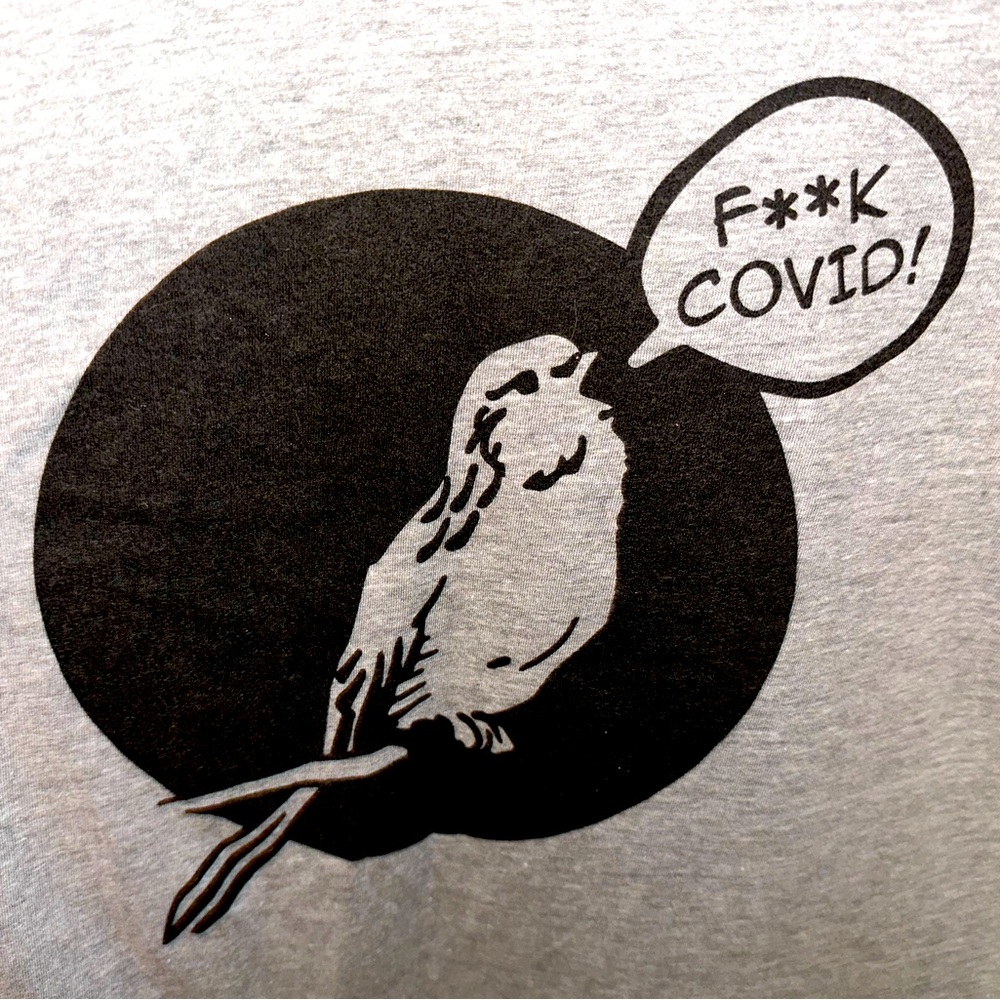 “F**k Covid” T-Shirt, Grey & Black, Unisex size Medium.
